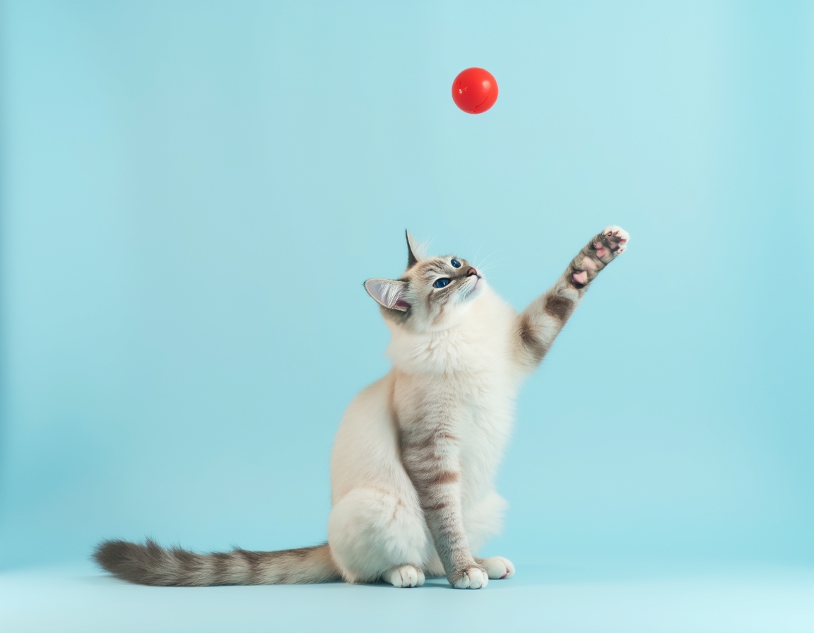 Playful studio photo of cat interacting with a bright red ball. The cat is mid-action with its paw raised, and the pastel blue background and balanced lighting create a cheerful, vibrant atmosphere that highlights the cat’s agility and energy.
